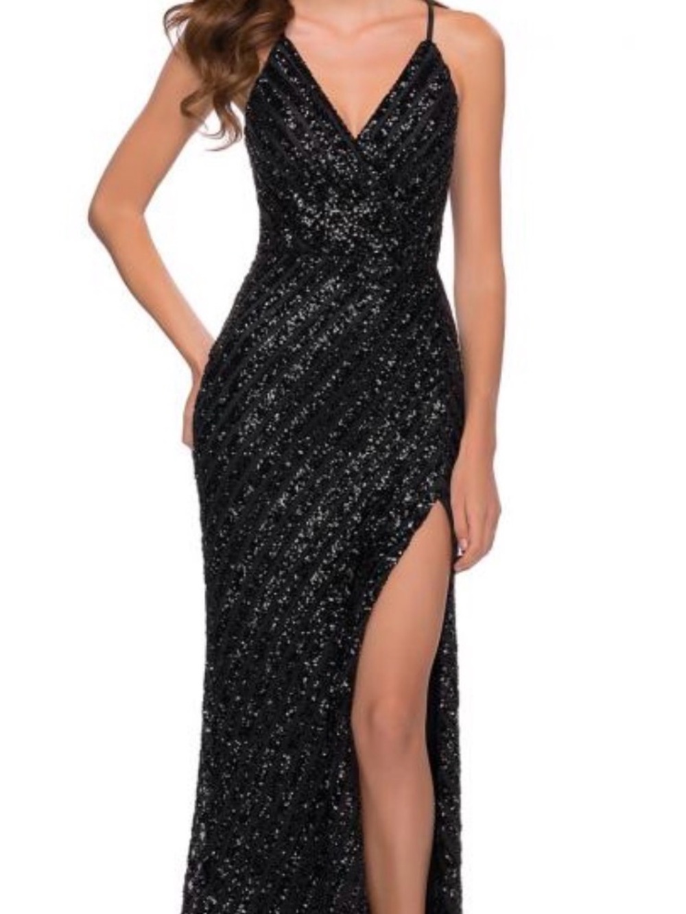 La Femme Black Sequin Spaghetti-Strap Evening Dress - Elegant Formal Gown